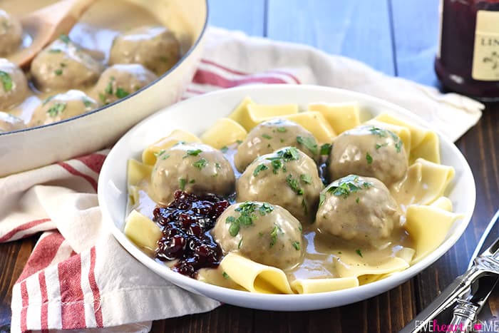 Swedish Meatballs in bowl and skillet.