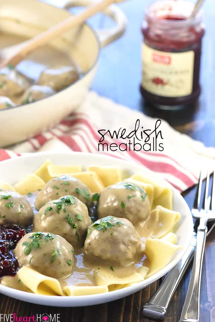 Scene of Swedish Meatballs on a serving plate and in a skillet with jar of jelly in background, with text overlay