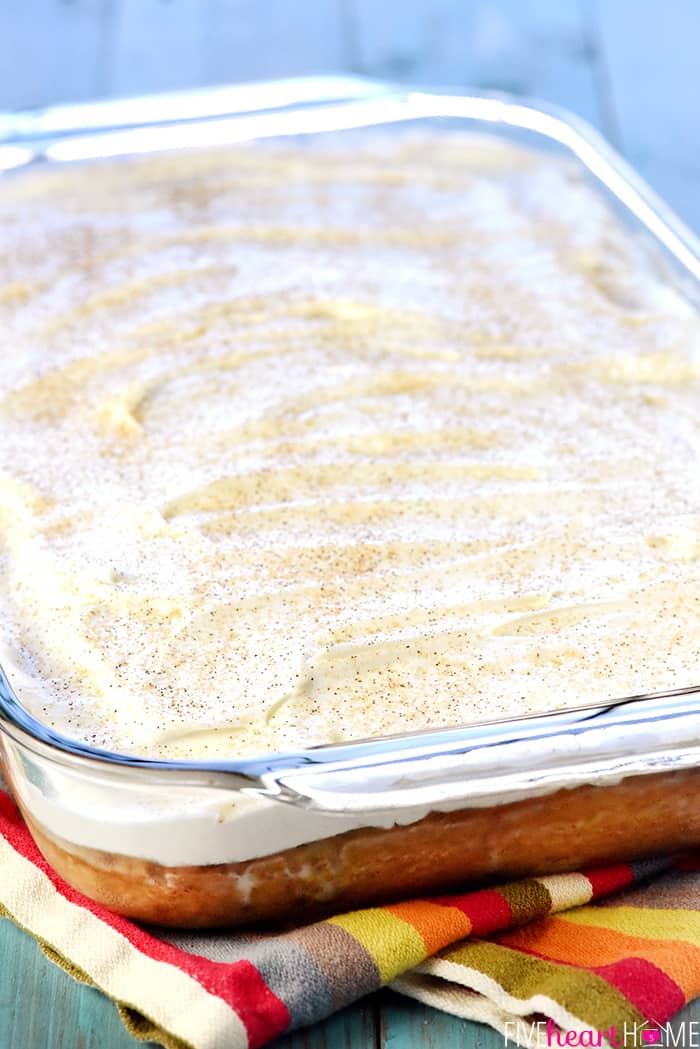 Close-up of top of cake, slathered with whipped cream and sprinkled with cinnamon sugar