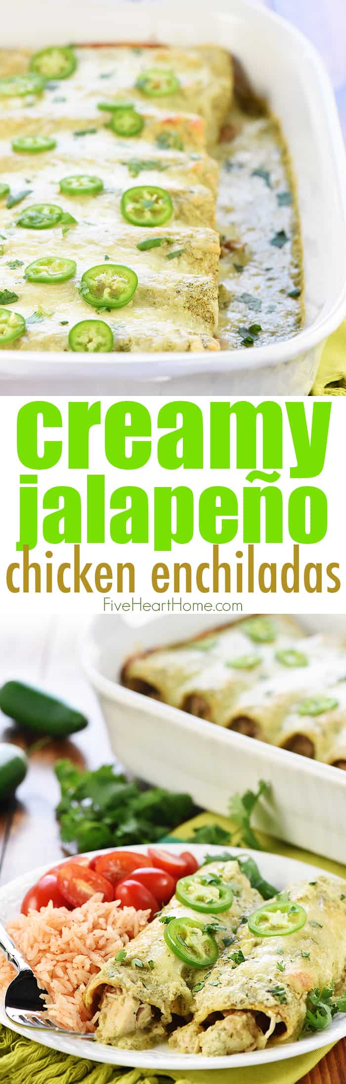 Creamy Jalapeño Chicken Enchiladas ~ cheesy, flavorful, and smothered in copycat Chuy’s Creamy Jalapeño Dip for a dinner that’s sure to become a family favorite! | FiveHeartHome.com via @fivehearthome