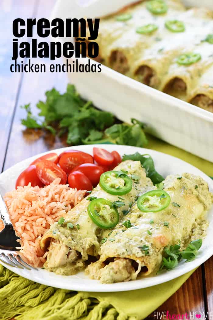 Creamy Jalapeño Chicken Enchiladas with text overlay.