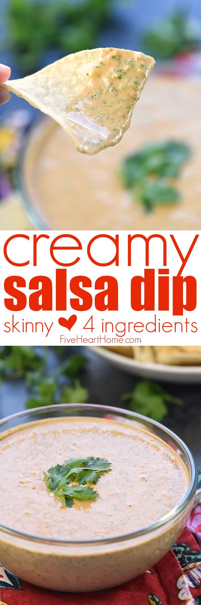 Creamy Salsa Dip ~ light in calories, bursting with flavor, and easy to make with only FOUR simple ingredients -- salsa, Greek yogurt, taco seasoning, and fresh cilantro. And it's even delicious as Creamy Salsa Dressing! | FiveHeartHome.com via @fivehearthome