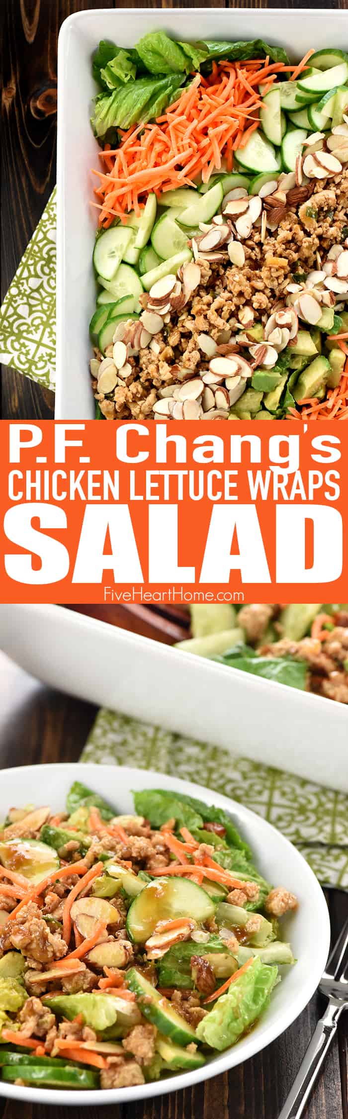 P.F. Chang's Chicken Lettuce Wraps Salad ~ transforms the popular restaurant appetizer into a savory main dish salad, loaded with copycat ground chicken filling, shredded carrots, sliced cucumbers, diced avocado, toasted almonds, and an Asian-inspired Sesame Ginger Vinaigrette! | FiveHeartHome.com via @fivehearthome