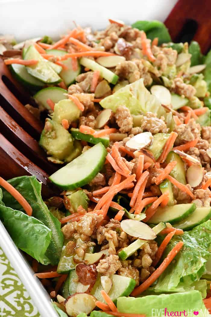 Close up of Chicken Lettuce Wrap ingredients in salad bowl