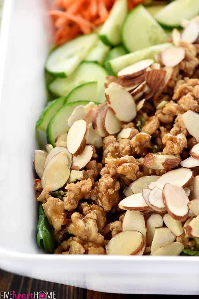 Close-up of ingredients lined up in bowl