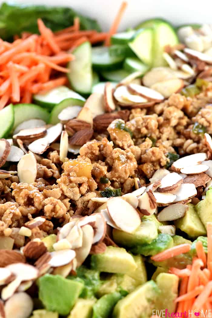 Close-up of rows of ground chicken, sliced almonds, avocado, cucumber, carrots, and lettuce