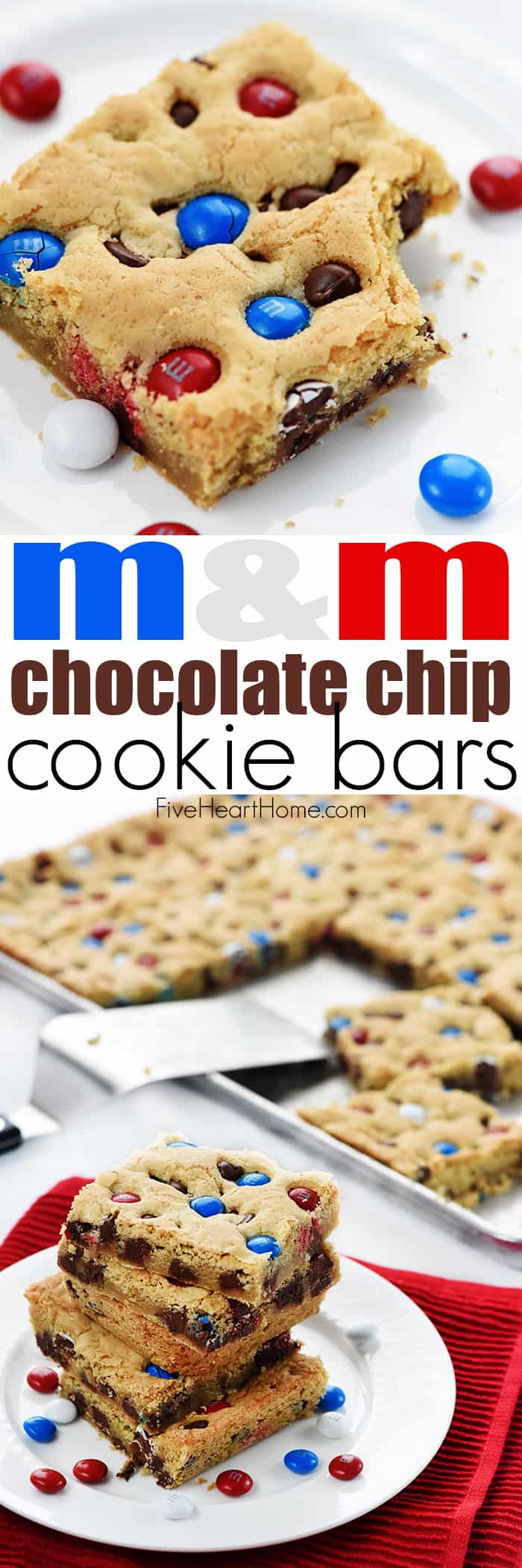 M&M Chocolate Chip Cookies Bars ~ these thick, chewy, big-batch treats are simple to make, fun to share, easy to customize with different colored M&Ms, and always a huge hit! | FiveHeartHome.com via @fivehearthome