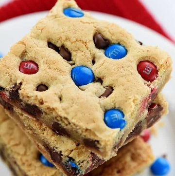 Stack of M&M Chocolate Chip Cookies Bars.