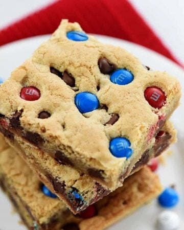 Stack of M&M Chocolate Chip Cookies Bars.