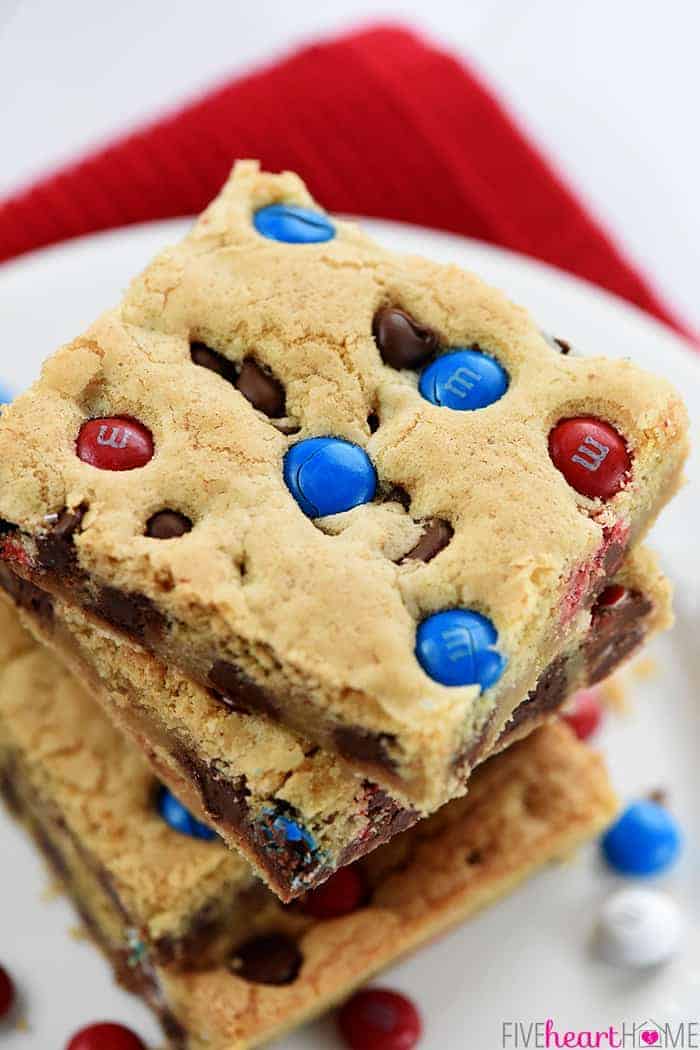 Stack of M&M Chocolate Chip Cookies Bars.