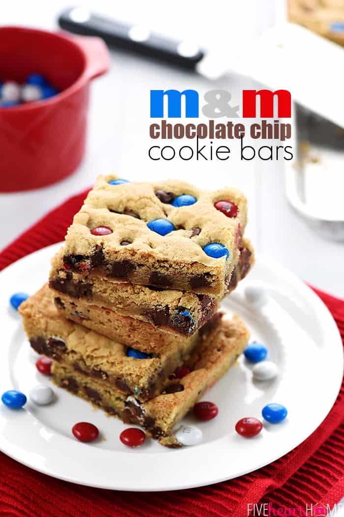 M&M Chocolate Chip Cookies Bars with text overlay.