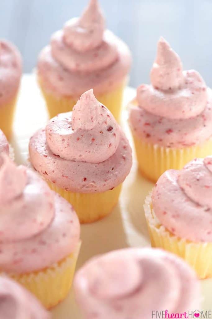 Strawberry Cream Cheese Frosting ~ thick, silky, and bursting with strawberry flavor thanks to a special ingredient...crushed, freeze-dried strawberries! | FiveHeartHome.com