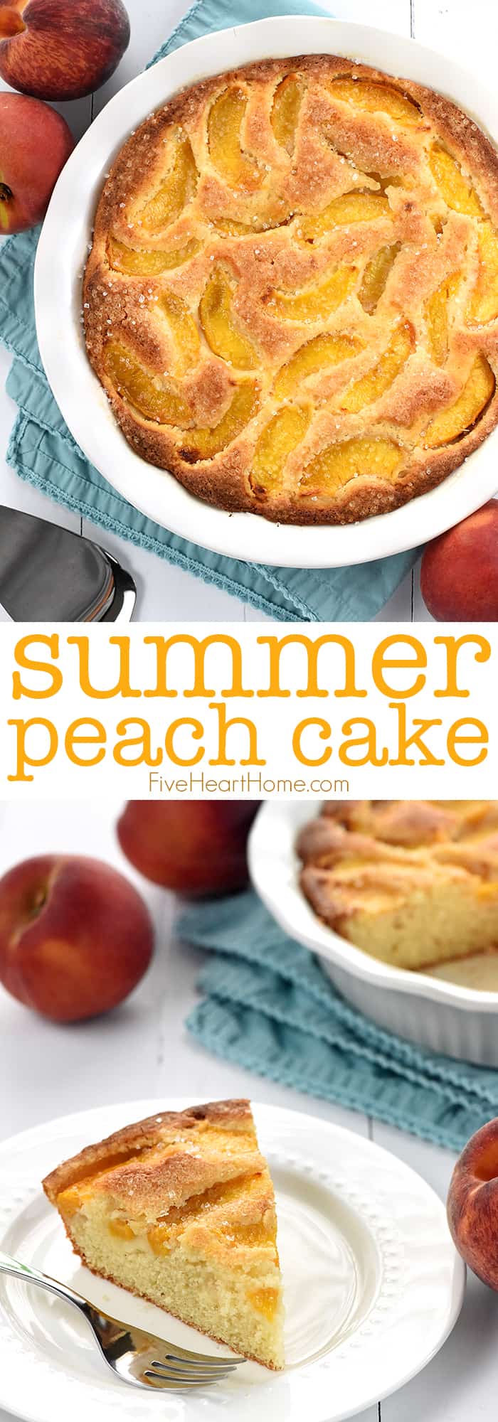 Summer Peach Cake ~ a delectable summer dessert recipe featuring fresh sliced peaches sunken into a sweet golden cake! | FiveHeartHome.com via @fivehearthome