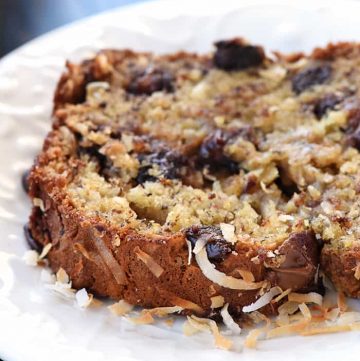 Thick slice of Chocolate Coconut Banana Bread on a plate