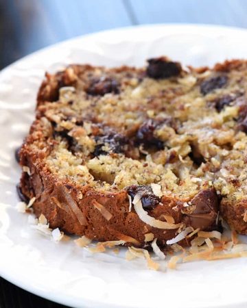 Thick slice of Chocolate Coconut Banana Bread on a plate