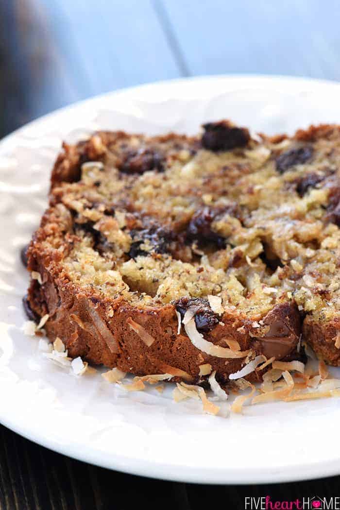 Close-up of slice of Coconut Banana Bread on a white plate