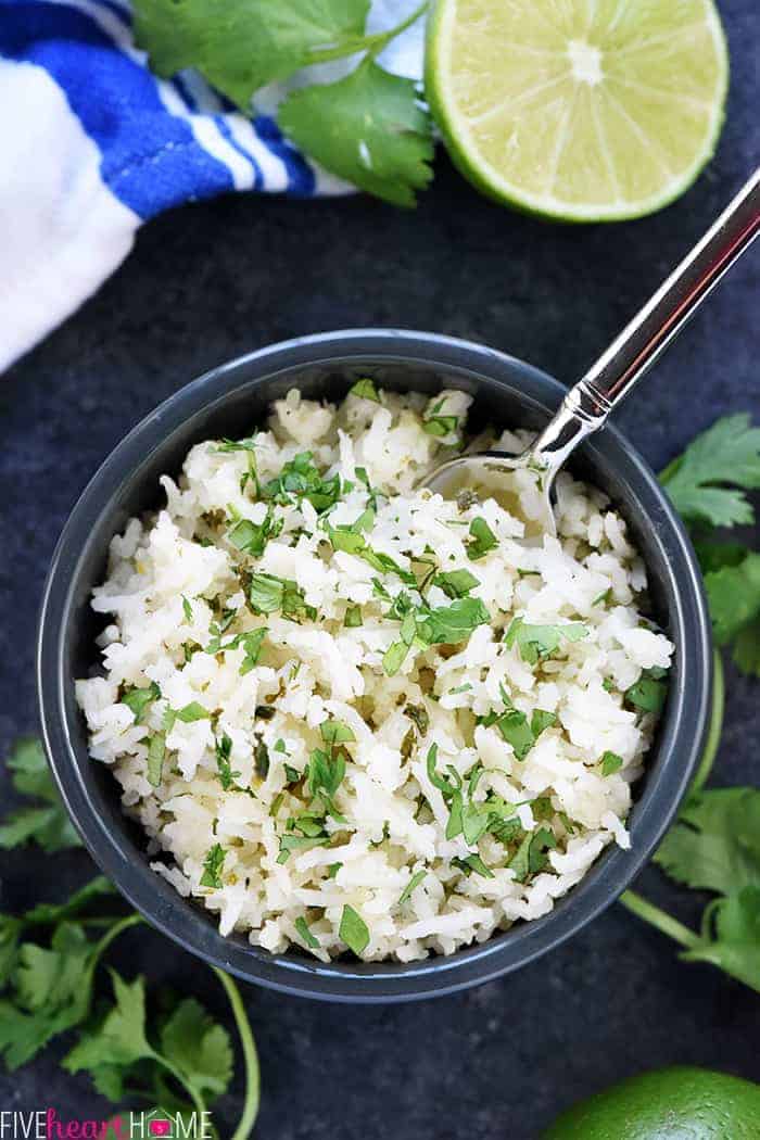 Cilantro Lime Rice ~ with just a handful of ingredients, this easy, tasty recipe is the perfect base for burrito bowls or a delicious side for all of your favorite Mexican entrees! | FiveHeartHome.com Aerial view of bowl of Cilantro Lime Rice.