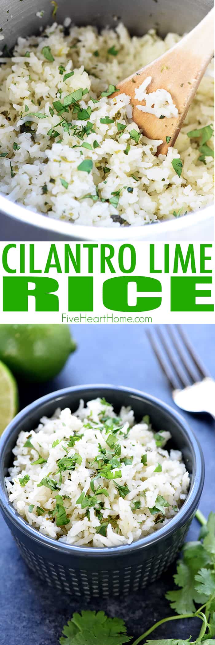 Cilantro Lime Rice ~ with just a handful of ingredients, this easy, tasty recipe is the perfect base for burrito bowls or a delicious side for all of your favorite Mexican entrees! | FiveHeartHome.com via @fivehearthome