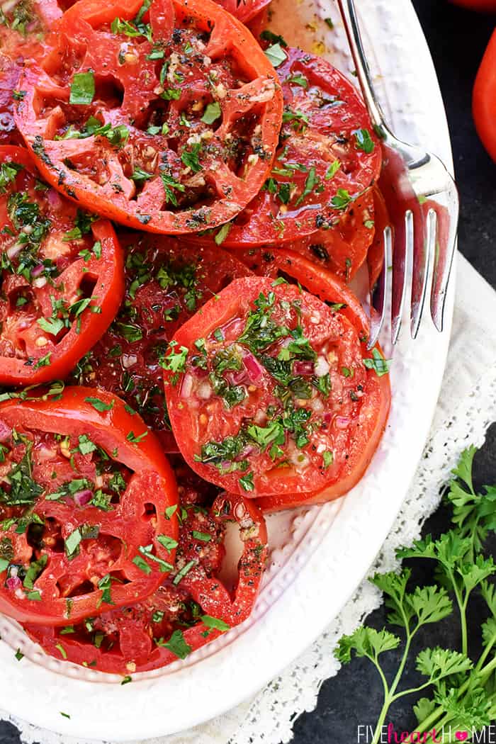 Aerial close-up of tThe BEST Marinated Tomatoes. 