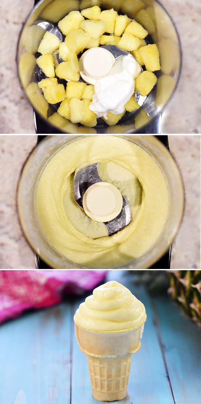 Three-photo collage of steps using food processor to make Pineapple Whip recipe.