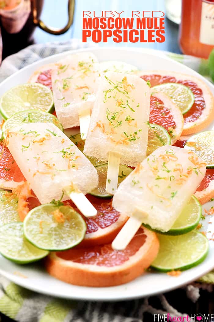Ruby Red Moscow Mule Popsicles ~ made with ginger beer, ruby red vodka, fresh lime juice, and grapefruit simple syrup for a frosty, boozy, summer treat! | FiveHeartHome.com