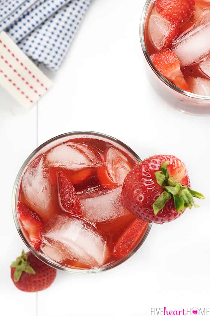 Strawberry Iced Tea ~ made with sweet, fresh, strawberry simple syrup for a refreshing summer drink! | FiveHeartHome.com Aerial view of garnished glass