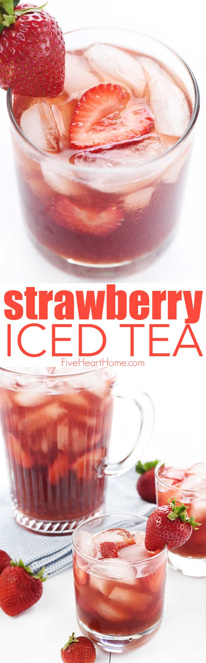 Strawberry Iced Tea ~ this refreshing summer drink is made with sweet, fresh, homemade strawberry simple syrup! | FiveHeartHome.com via @fivehearthome