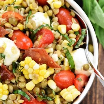 Summer Lentil Salad ~ loaded with protein-packed lentils, roasted corn, juicy tomatoes, creamy mozzarella, fresh basil, and crispy prosciutto for a healthy, vibrant main dish or a versatile side! | FiveHeartHome.com