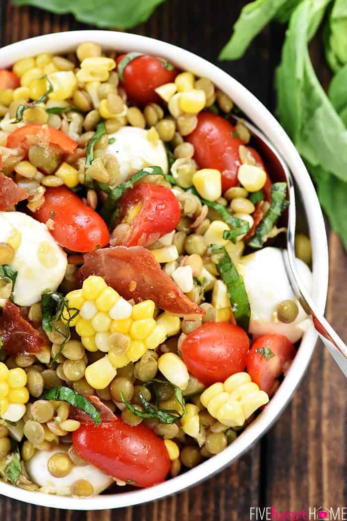 Summer Lentil Salad ~ loaded with protein-packed lentils, roasted corn, juicy tomatoes, creamy mozzarella, fresh basil, and crispy prosciutto for a healthy, vibrant main dish or a versatile side! | FiveHeartHome.com