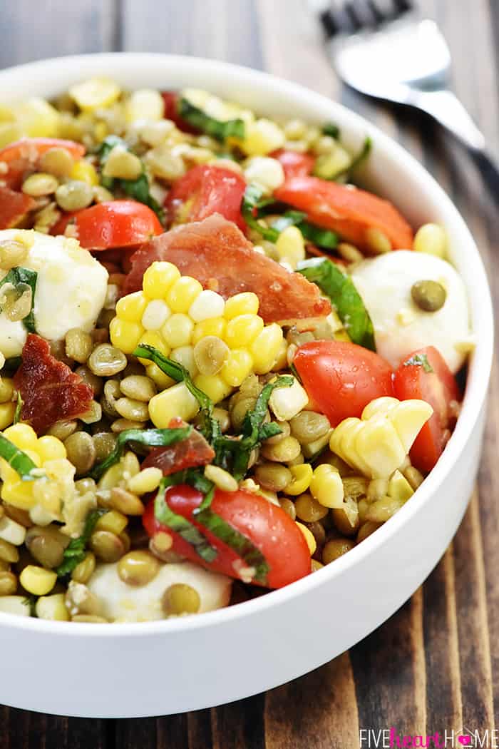 Summer Lentil Salad ~ loaded with protein-packed lentils, roasted corn, juicy tomatoes, creamy mozzarella, fresh basil, and crispy prosciutto for a healthy, vibrant main dish or a versatile side! | FiveHeartHome.com
