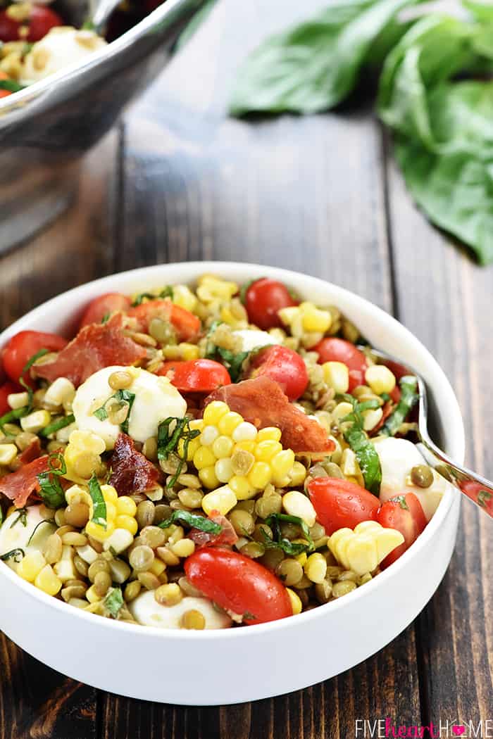 Summer Lentil Salad ~ loaded with protein-packed lentils, roasted corn, juicy tomatoes, creamy mozzarella, fresh basil, and crispy prosciutto for a healthy, vibrant main dish or a versatile side! | FiveHeartHome.com