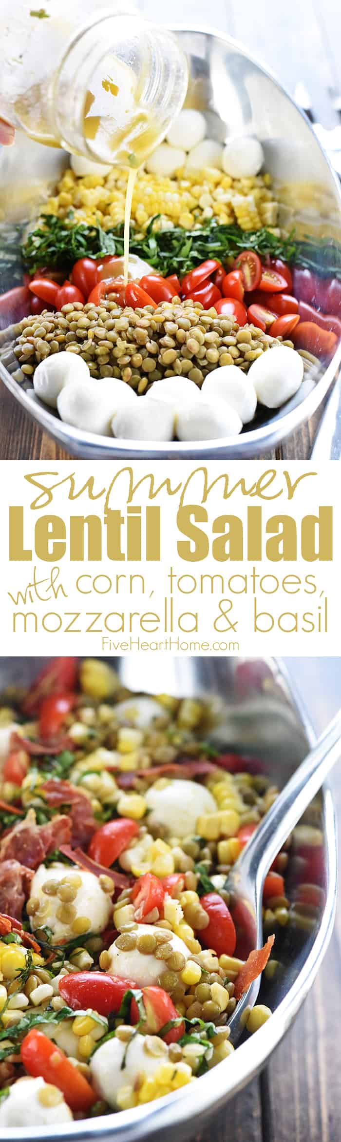 Summer Lentil Salad ~ loaded with protein-packed lentils, roasted corn, juicy tomatoes, creamy mozzarella, fresh basil, and crispy prosciutto for a healthy, vibrant main dish or a versatile side! | FiveHeartHome.com via @fivehearthome