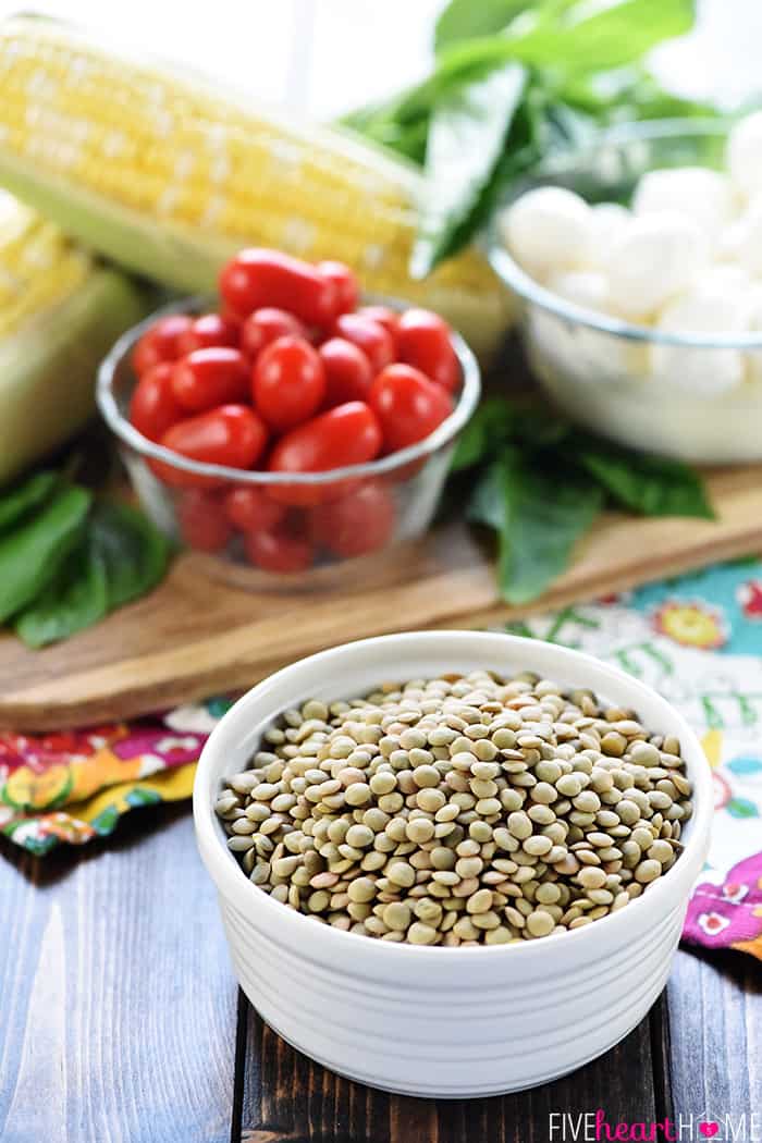 Summer Lentil Salad ~ loaded with protein-packed lentils, roasted corn, juicy tomatoes, creamy mozzarella, fresh basil, and crispy prosciutto for a healthy, vibrant main dish or a versatile side! | FiveHeartHome.com