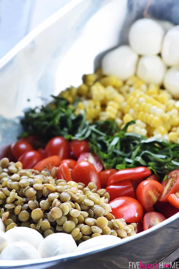 Summer Lentil Salad ~ loaded with protein-packed lentils, roasted corn, juicy tomatoes, creamy mozzarella, fresh basil, and crispy prosciutto for a healthy, vibrant main dish or a versatile side! | FiveHeartHome.com