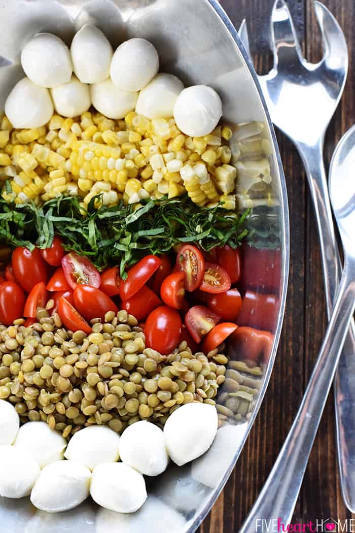 Summer Lentil Salad ~ loaded with protein-packed lentils, roasted corn, juicy tomatoes, creamy mozzarella, fresh basil, and crispy prosciutto for a healthy, vibrant main dish or a versatile side! | FiveHeartHome.com