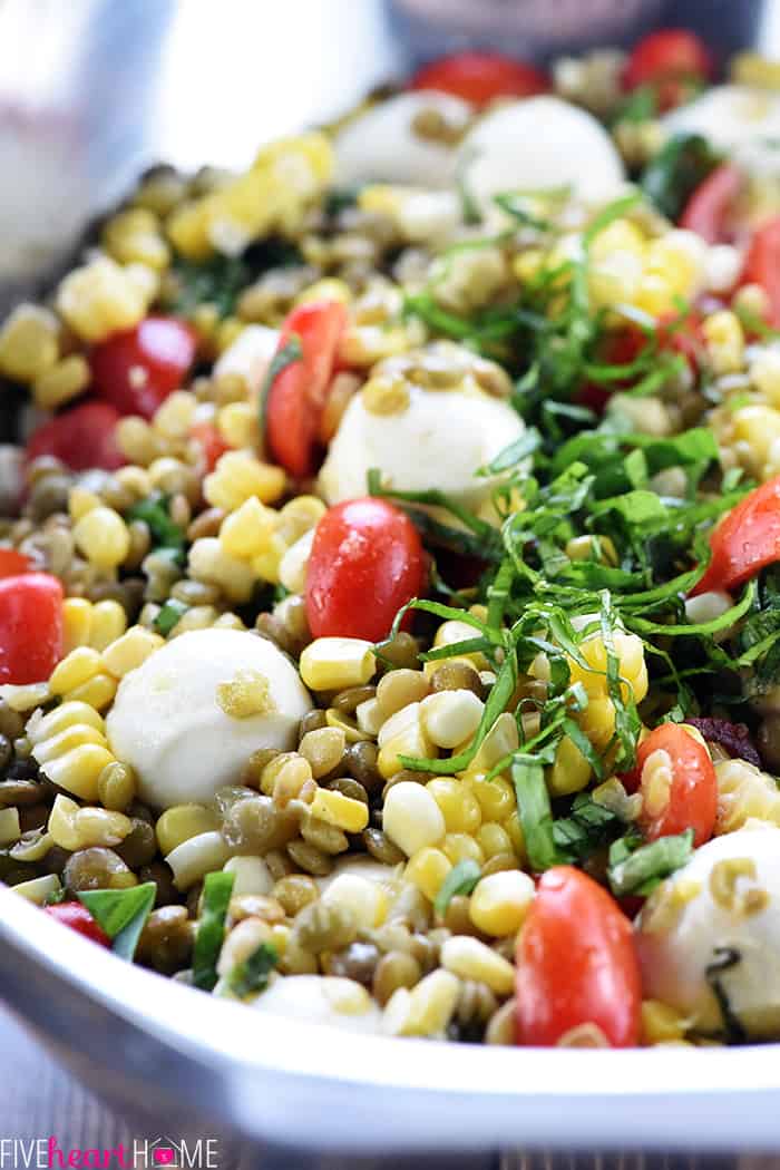 Summer Lentil Salad ~ loaded with protein-packed lentils, roasted corn, juicy tomatoes, creamy mozzarella, fresh basil, and crispy prosciutto for a healthy, vibrant main dish or a versatile side! | FiveHeartHome.com