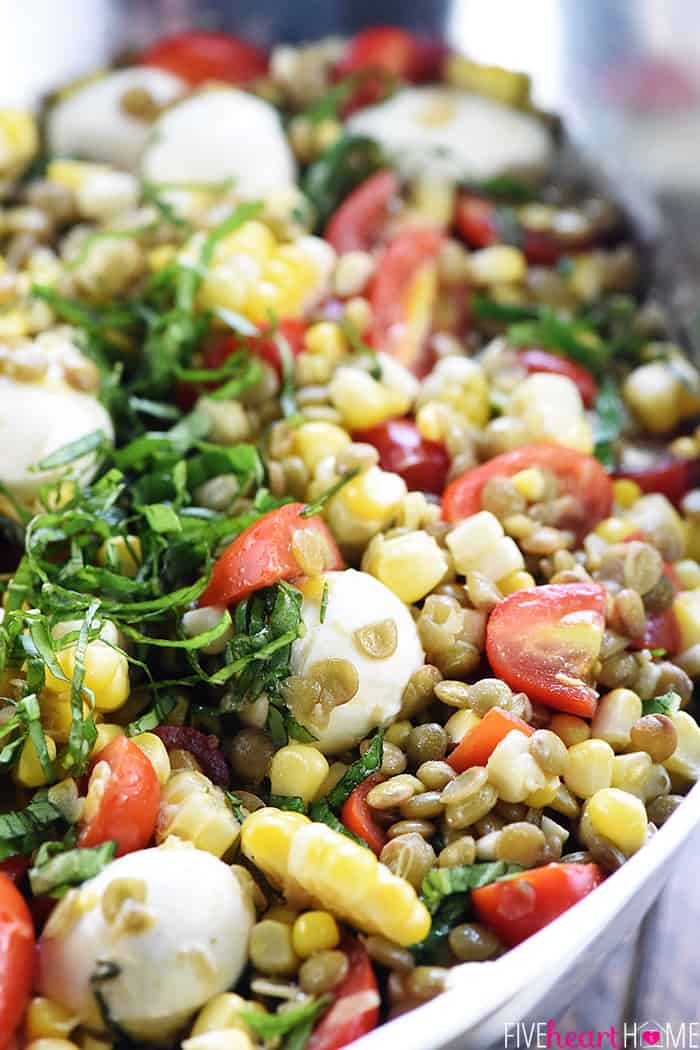 Summer Lentil Salad ~ loaded with protein-packed lentils, roasted corn, juicy tomatoes, creamy mozzarella, fresh basil, and crispy prosciutto for a healthy, vibrant main dish or a versatile side! | FiveHeartHome.com