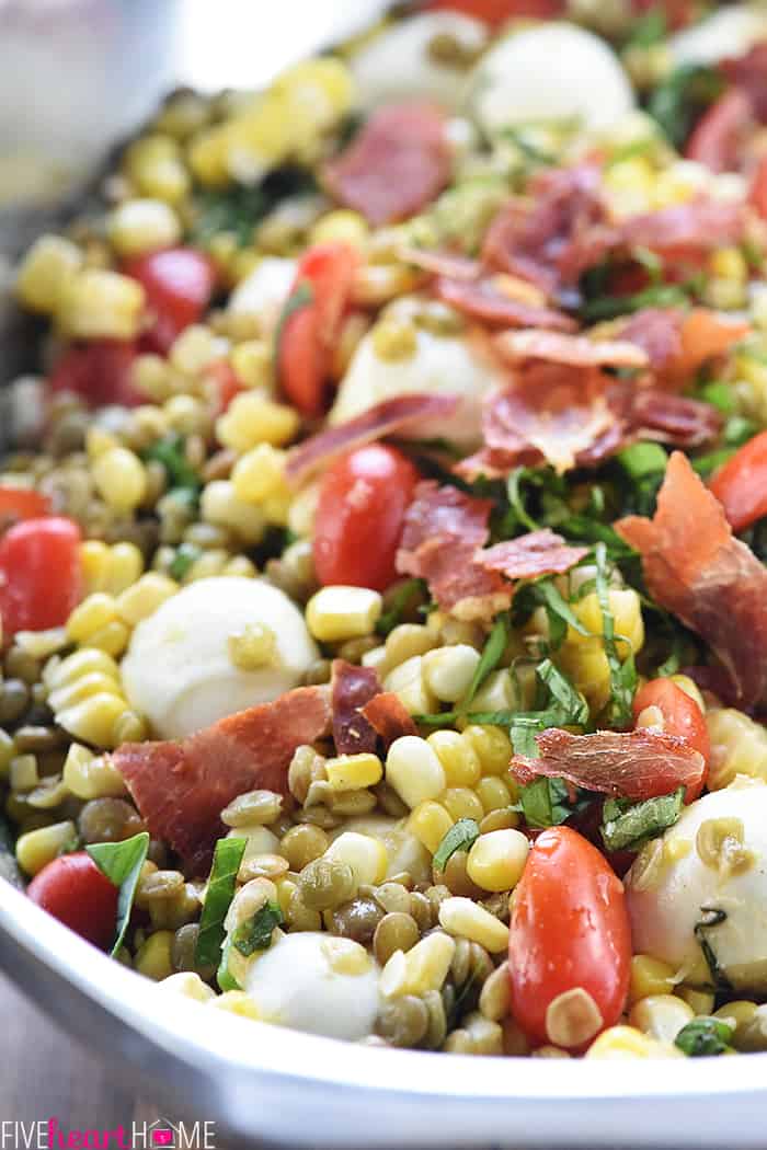 Summer Lentil Salad ~ loaded with protein-packed lentils, roasted corn, juicy tomatoes, creamy mozzarella, fresh basil, and crispy prosciutto for a healthy, vibrant main dish or a versatile side! | FiveHeartHome.com