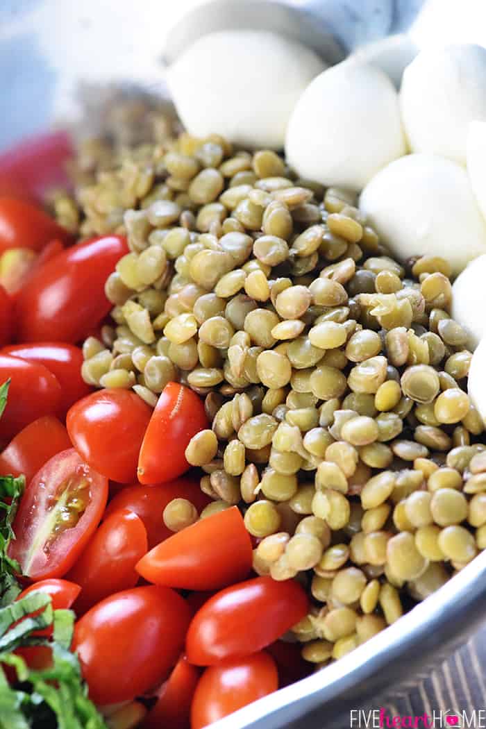 Summer Lentil Salad ~ loaded with protein-packed lentils, roasted corn, juicy tomatoes, creamy mozzarella, fresh basil, and crispy prosciutto for a healthy, vibrant main dish or a versatile side! | FiveHeartHome.com