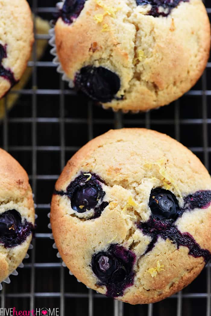 Aerial view of Lemon Blueberry Muffins on rack.