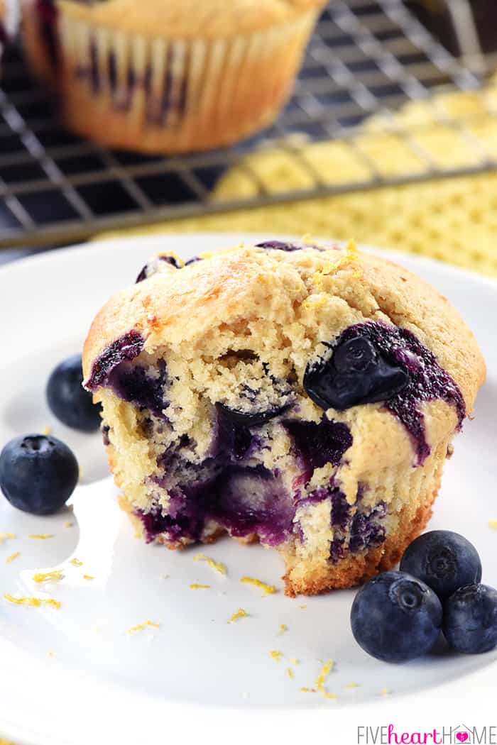 Lemon Blueberry Muffins ~ light, tender, and bursting with fresh lemon, juicy blueberries, and whole wheat flour for a wholesome breakfast or snack! | FiveHeartHome.com Lemon Blueberry Muffin on plate with missing bite.