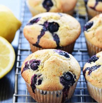 Whole Wheat Lemon Blueberry Muffins on wire rack.