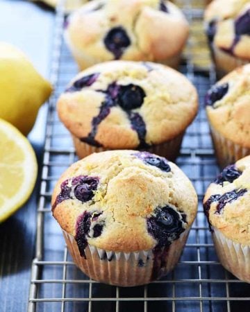Whole Wheat Lemon Blueberry Muffins on wire rack.