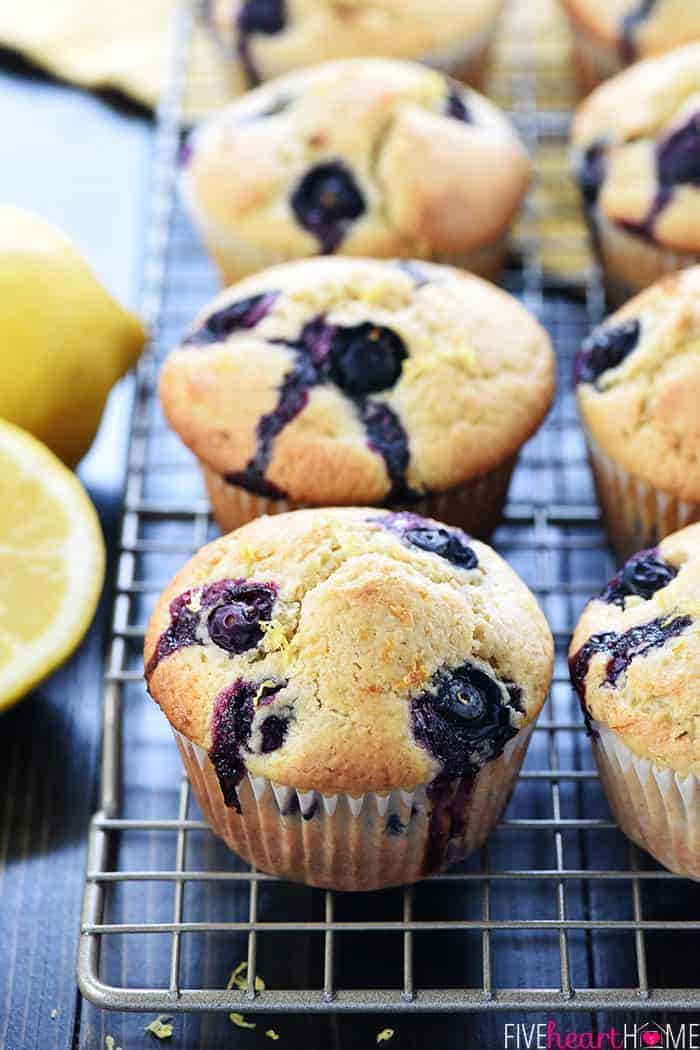 Whole wheat Lemon Blueberry Muffins on wire cooling rack.