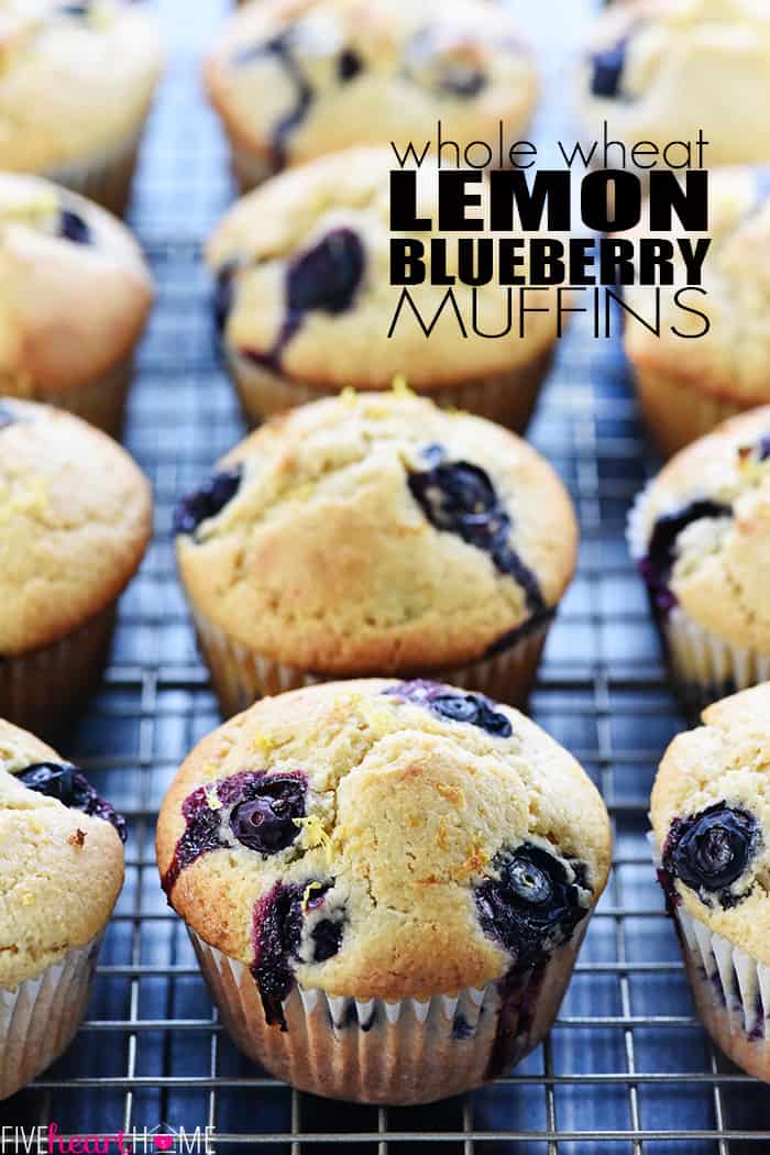 Lemon Blueberry Muffins ~ light, tender, and bursting with fresh lemon, juicy blueberries, and whole wheat flour for a wholesome breakfast or snack! | FiveHeartHome.com Lemon Blueberry Muffins with text overlay.