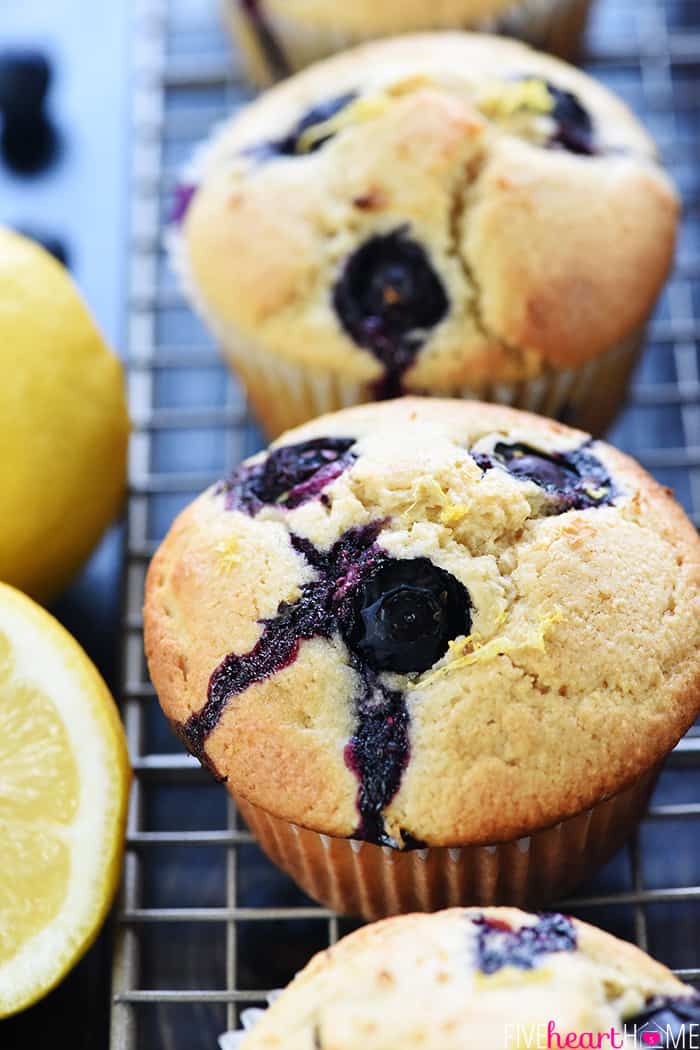 Whole Wheat Lemon Blueberry Muffins ~ light, tender, and bursting with fresh lemon and juicy blueberries for a wholesome breakfast or snack! | FiveHeartHome.com