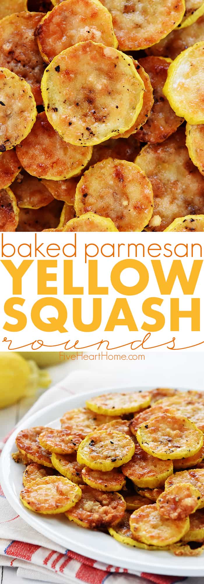 Baked Parmesan Yellow Squash Rounds Recipe ~ an easy and delicious summer side dish requiring just two ingredients: yellow squash and grated Parmesan! | FiveHeartHome.com via @fivehearthome