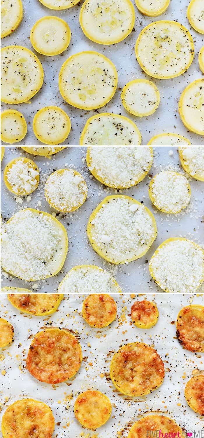 Yellow Squash Recipe, collage of steps showing seasoning, Parmesan, and then baking