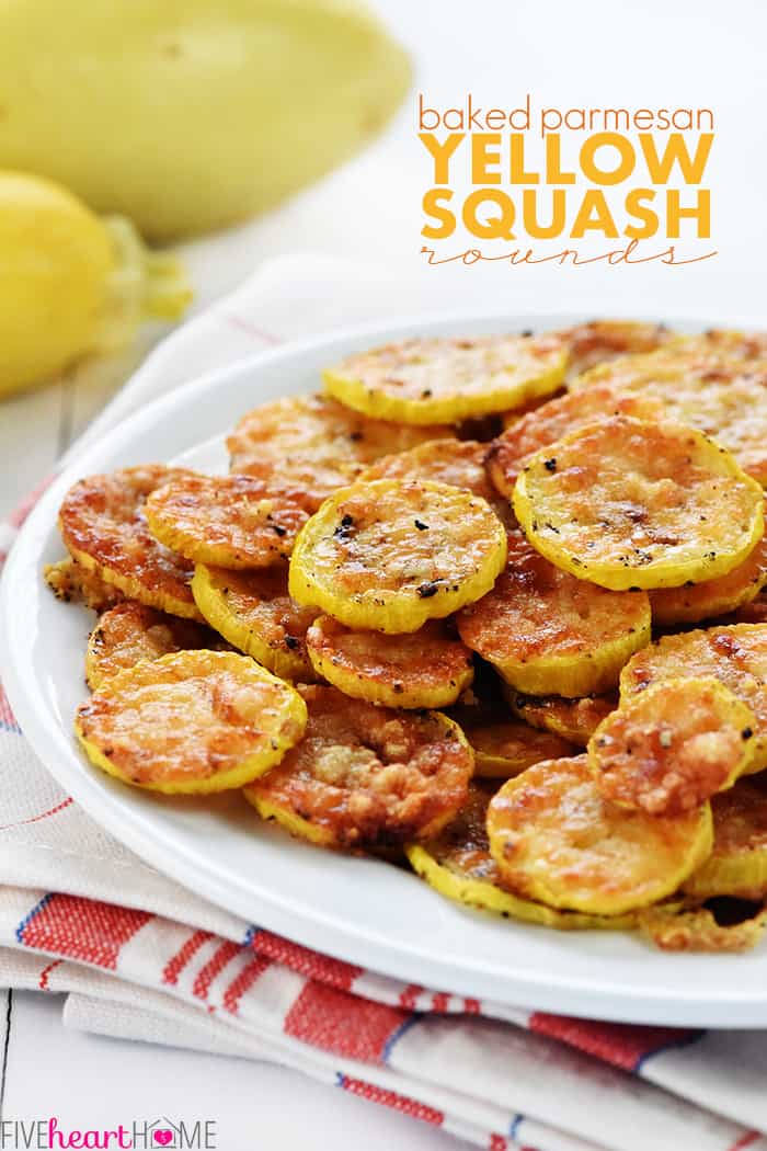 Baked Parmesan Yellow Squash Recipe with text overlay