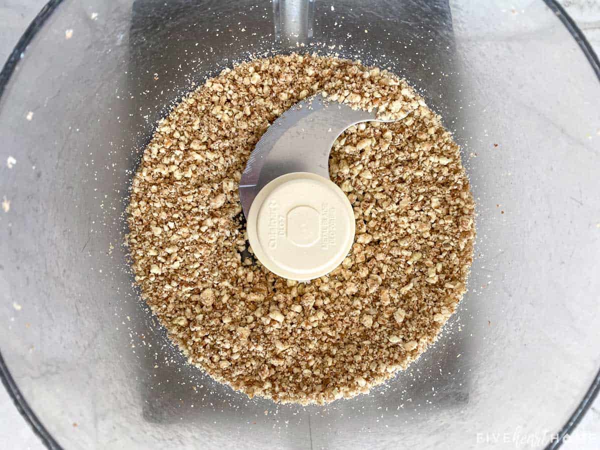 Aerial view of nuts ground in food processor.